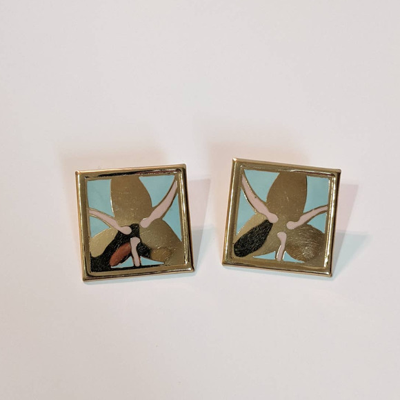 Vintage 80s Statement Earrings Large Gold Tone Metal Enamel Square Signed L Bott - Picture 6 of 7